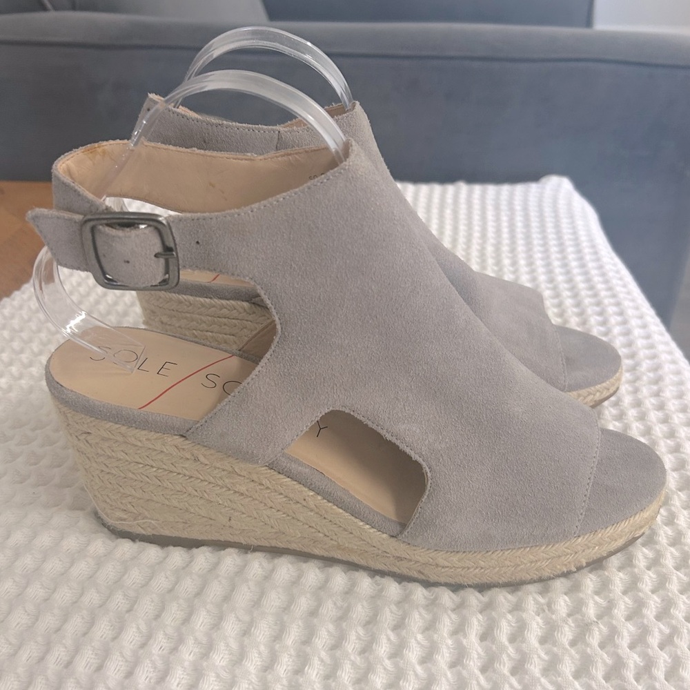 Sole Society Suede Gray Camreigh Espadrille Wedge Peep Toe Sandals. Size 10 - Picture 2 of 11
